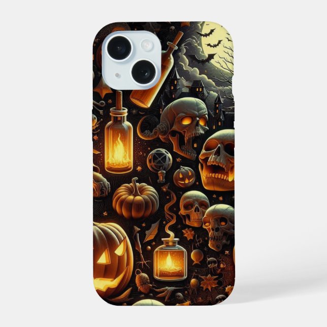 Spooky Halloween Skulls, Bats, Trees, Pumpkins iPhone 15 Case (Back)