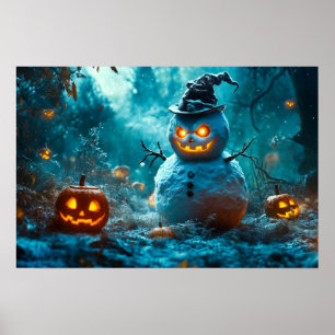 Spooky Halloween Snowman in Pumpkin Forest Poster