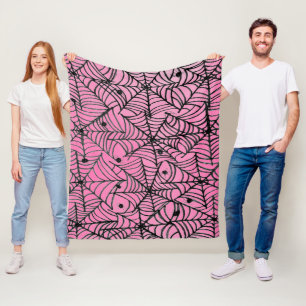 Spooky Halloween Spider Webs on Pink Fleece Blanket