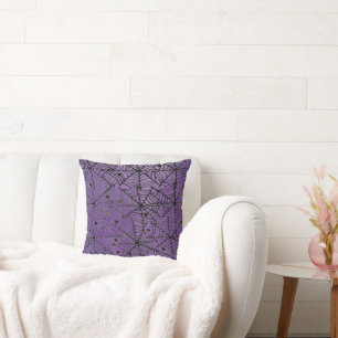 Spooky Halloween Spider Webs on Purple Cushion