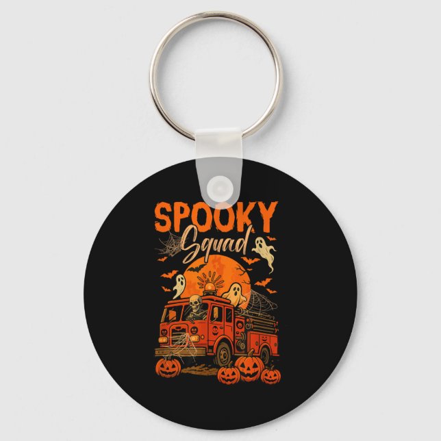 Spooky Halloween Squad Skeleton Driving Firetruck  Key Ring (Front)