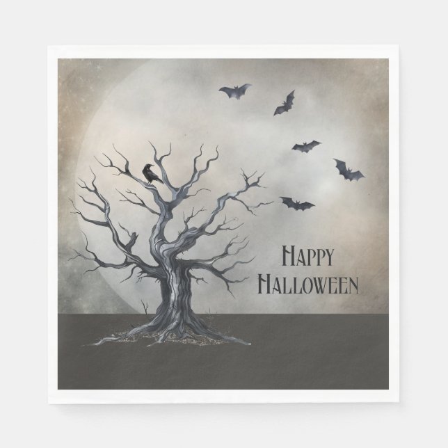 Spooky Halloween Tree with Raven and Bats Napkin (Front)