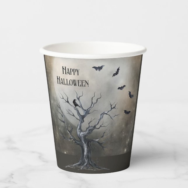 Spooky Halloween Tree with Raven and Bats Paper Cups (Front)