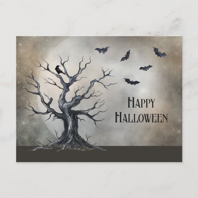 Spooky Halloween Tree with Raven and Bats Postcard (Front)