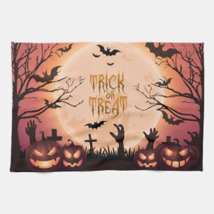 Spooky Halloween Trick or Treat Sunset Design Tea Towel