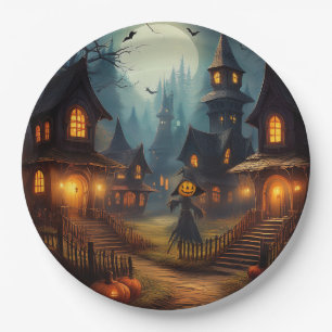 Spooky Halloween Village With Scare Crow Paper Plate