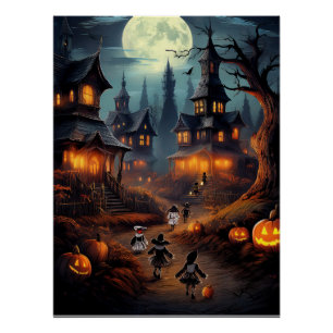 Spooky Halloween Village With Trick or Treators Poster