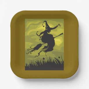 Spooky Halloween Witch Flying on Broomstick Paper Plate