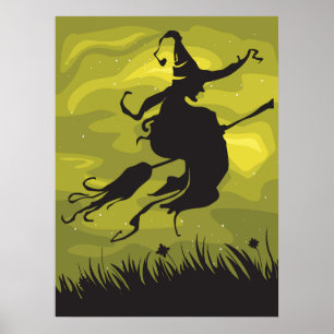 Spooky Halloween Witch Flying on Broomstick Poster