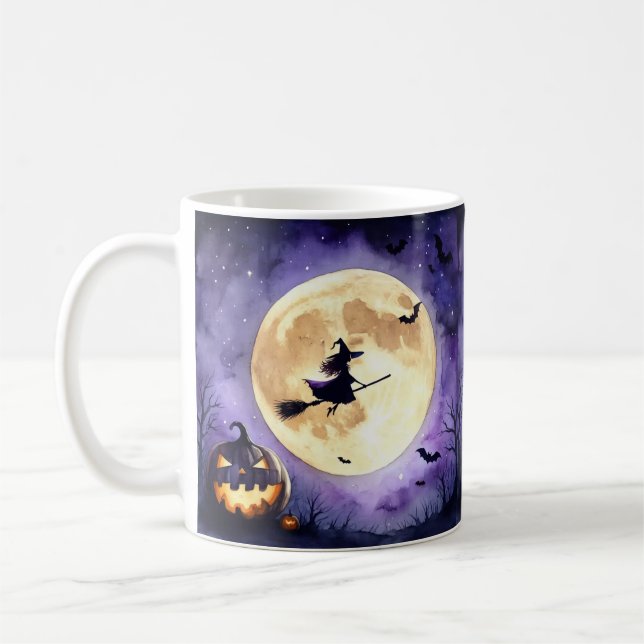 Spooky Halloween Witch Flying Over Full Moon  Coffee Mug (Left)