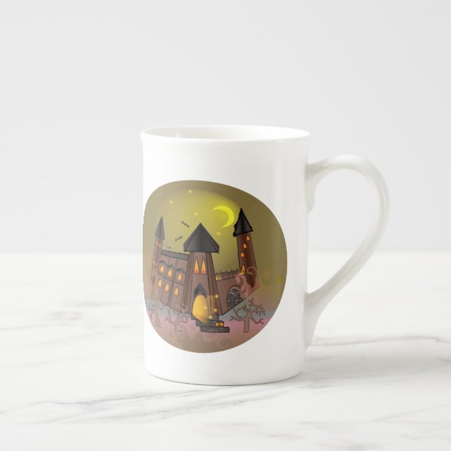 Spooky Halloween witch house and vampires castle  Bone China Mug (Right)