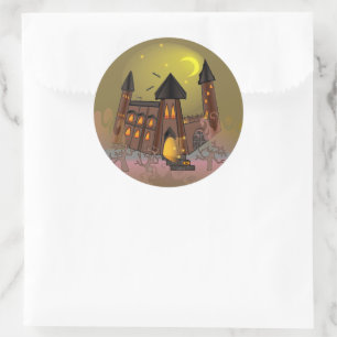 Spooky Halloween witch house and vampires castle Classic Round Sticker