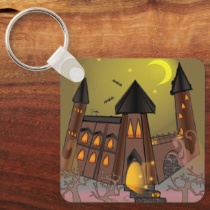 Spooky Halloween witch house and vampires castle Key Ring