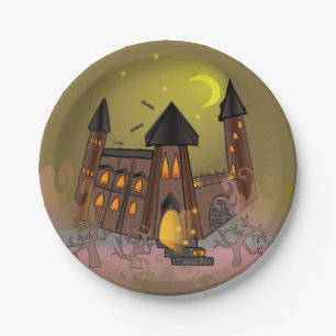 Spooky Halloween witch house and vampires castle  Paper Plate