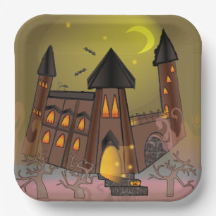 Spooky Halloween witch house and vampires castle Paper Plate
