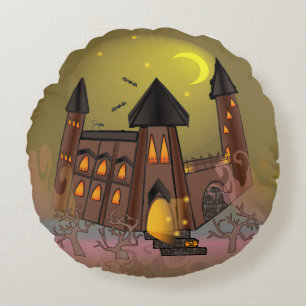Spooky Halloween witch house and vampires castle Round Cushion
