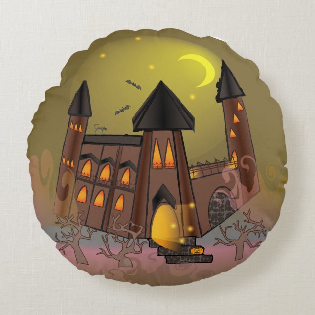 Spooky Halloween witch house and vampires castle  Round Cushion (Front)