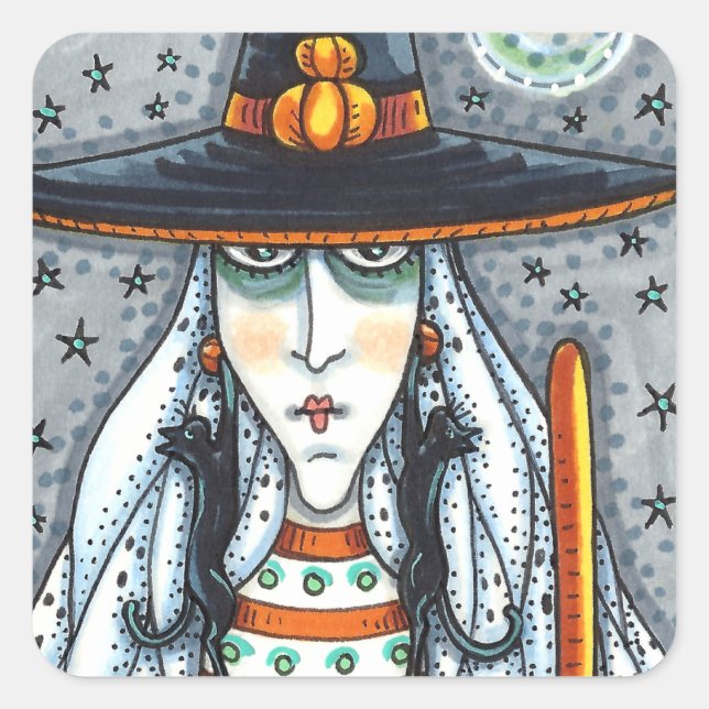 SPOOKY HALLOWEEN WITCH, WEARING BLACK CAT JEWELERY SQUARE STICKER (Front)