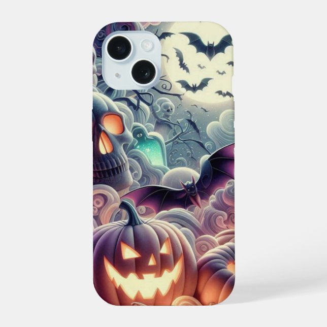 Spooky Halloween with Bats, Potions, Pumpkins iPhone 15 Case (Back)