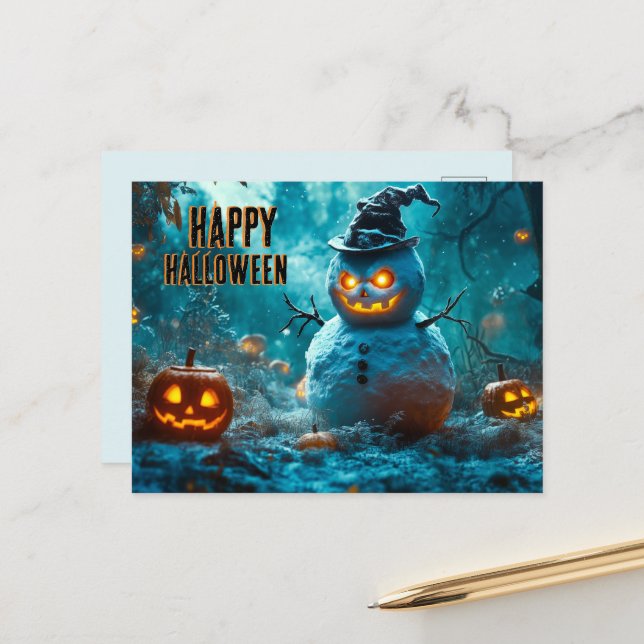 Spooky Halloween with Evil Snowman, Pumpkin Holiday Postcard (Front/Back In Situ)