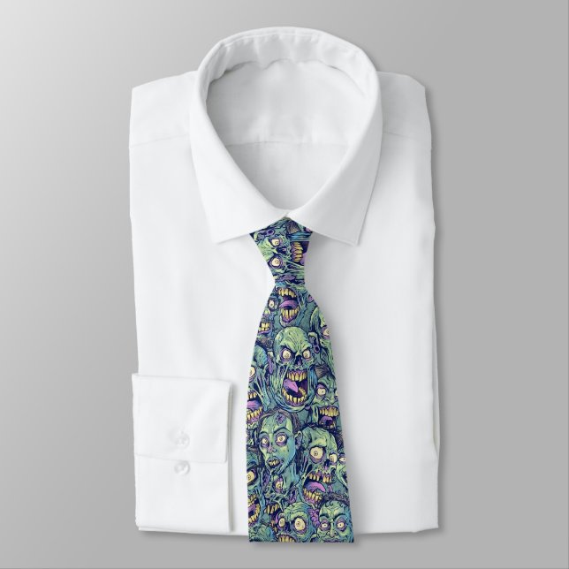 Spooky Halloween zombies tiled pattern  Tie (Tied)