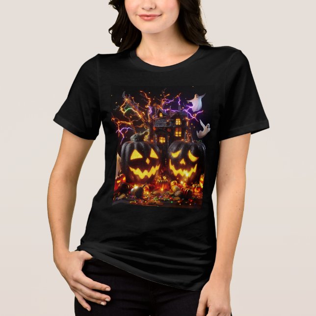 🦇Spooky Halloween🎃Scene with Haunting🙅 Jack-o'- Tri-Blend Shirt (Front)