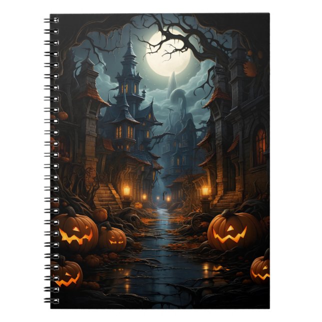 Spooky Haloween Pumpkins In Scary Old Town Notebook (Front)