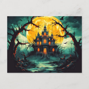 Spooky Happy Halloween Haunted House Postcard