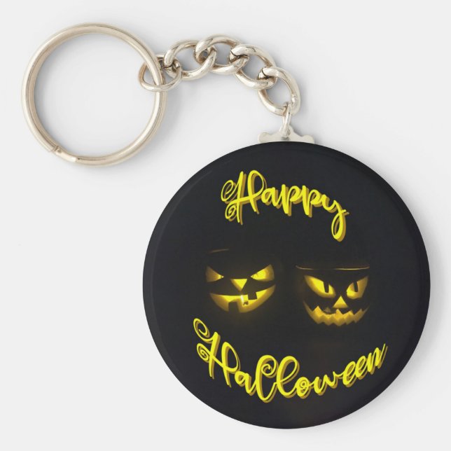 Spooky Happy Halloween text eerie pumpkin face Key Ring (Front)
