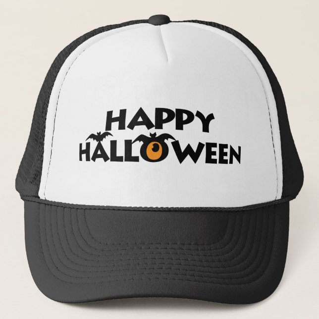 Spooky Happy Halloween Text with bats Trucker Hats (Front)