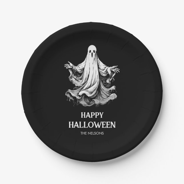 Spooky Happy Halloween with black and white ghost Paper Plate (Front)