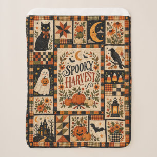 Spooky Harvest Vintage Halloween Patchwork Sherpa Blanket
