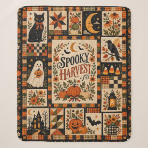 Spooky Harvest Vintage Halloween Patchwork Sherpa Blanket