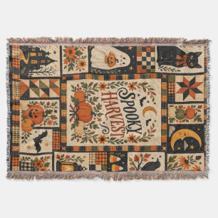 Spooky Harvest Vintage Halloween Patchwork Throw Blanket