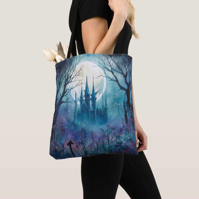 Spooky Haunted Castle Full Moon Blue Halloween Tote Bag (Close Up)