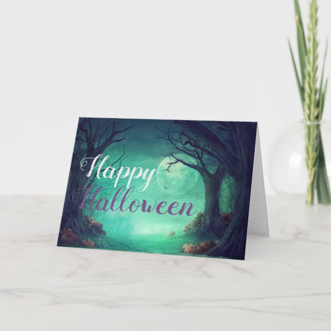 Spooky Haunted Forest Pumpkins Halloween Card (Front)
