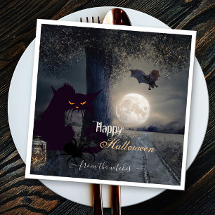 Spooky Haunted Halloween Black Cat Paper Napkin