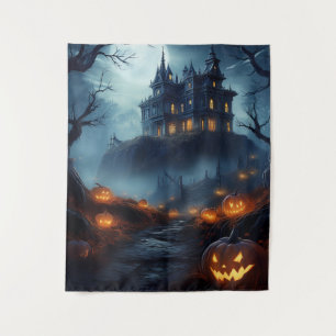 Spooky Haunted Halloween House On A Hill Tapestry