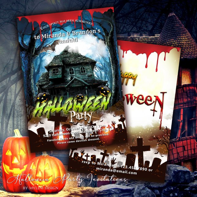 Spooky Haunted House and Pumpkins Halloween Party Invitation (Creator Uploaded)