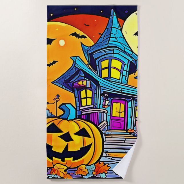 Spooky Haunted House Artwork Beach Towel (Front)