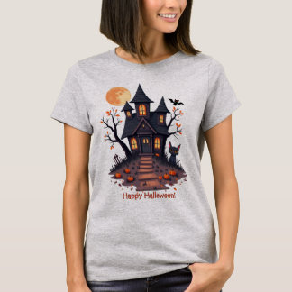 Spooky Haunted House & Black Cat Halloween Night T-Shirt