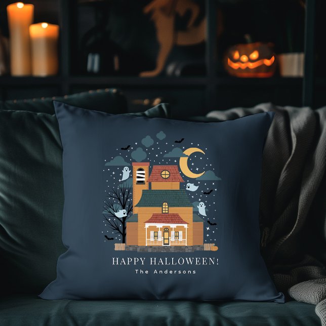 Spooky Haunted House Family Name Rustic Halloween Cushion (Creator Uploaded)