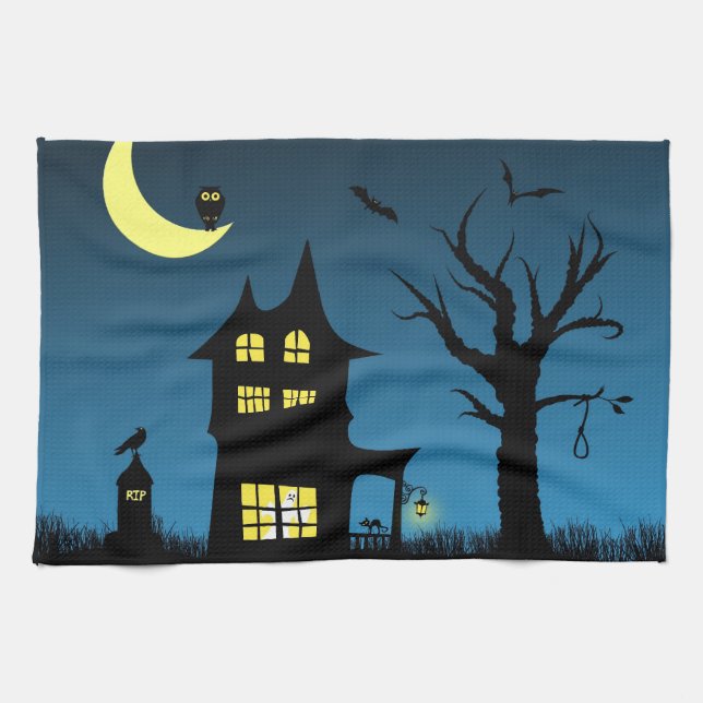 Spooky Haunted House Halloween Decorative Tea Towel (Horizontal)