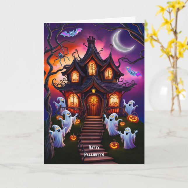 Spooky Haunted House Halloween Night Scene Card (Yellow Flower)