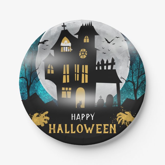 Spooky Haunted House Halloween Party Paper Plate (Front)