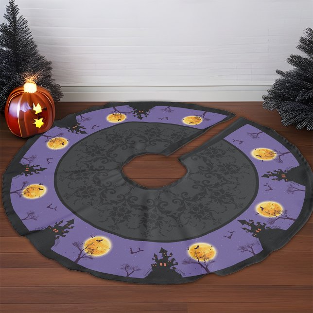 Spooky Haunted House Halloween Purple Moonlit Bats Faux Linen Tree Skirt (Purple haunted house damask decorative Halloween tree skirt)