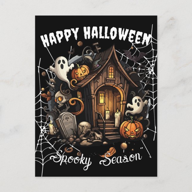 🎃 Spooky Haunted House Postcard - BLACK 👻🕷️ (Front)