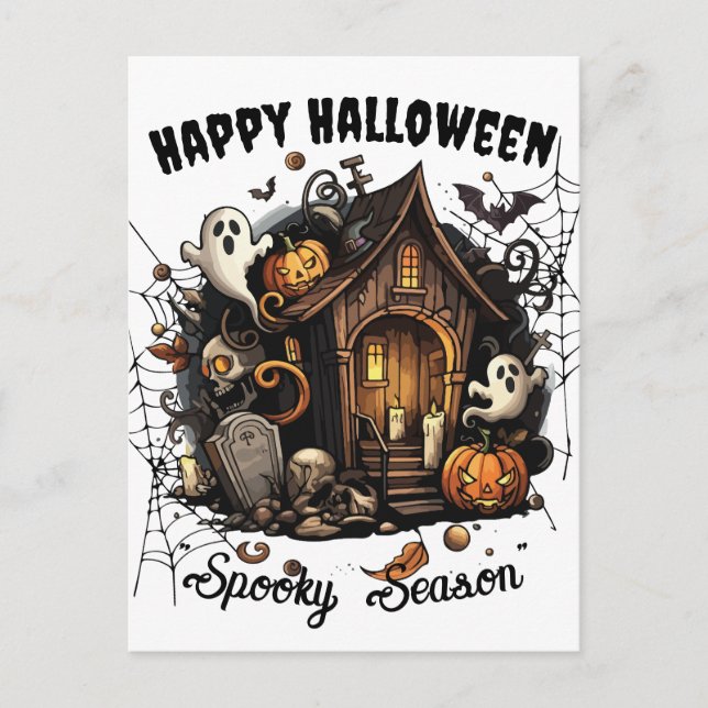 🎃 Spooky Haunted House Postcard - WHITE 👻🕷️ (Front)