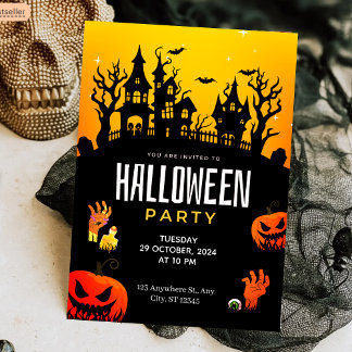 Spooky Haunted House & Pumpkins Halloween Party Invitation