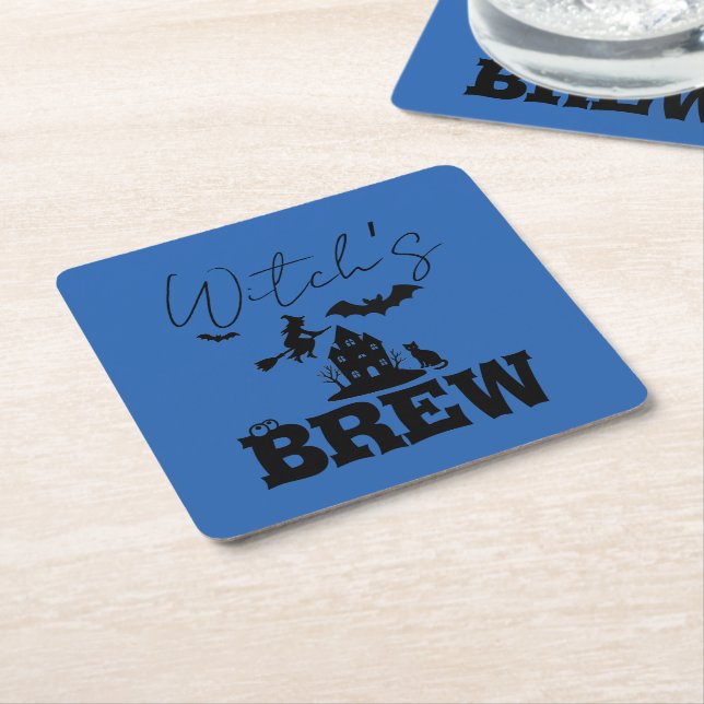 Spooky Haunted House & Witch Silhouette |  Square Paper Coaster (Angled)